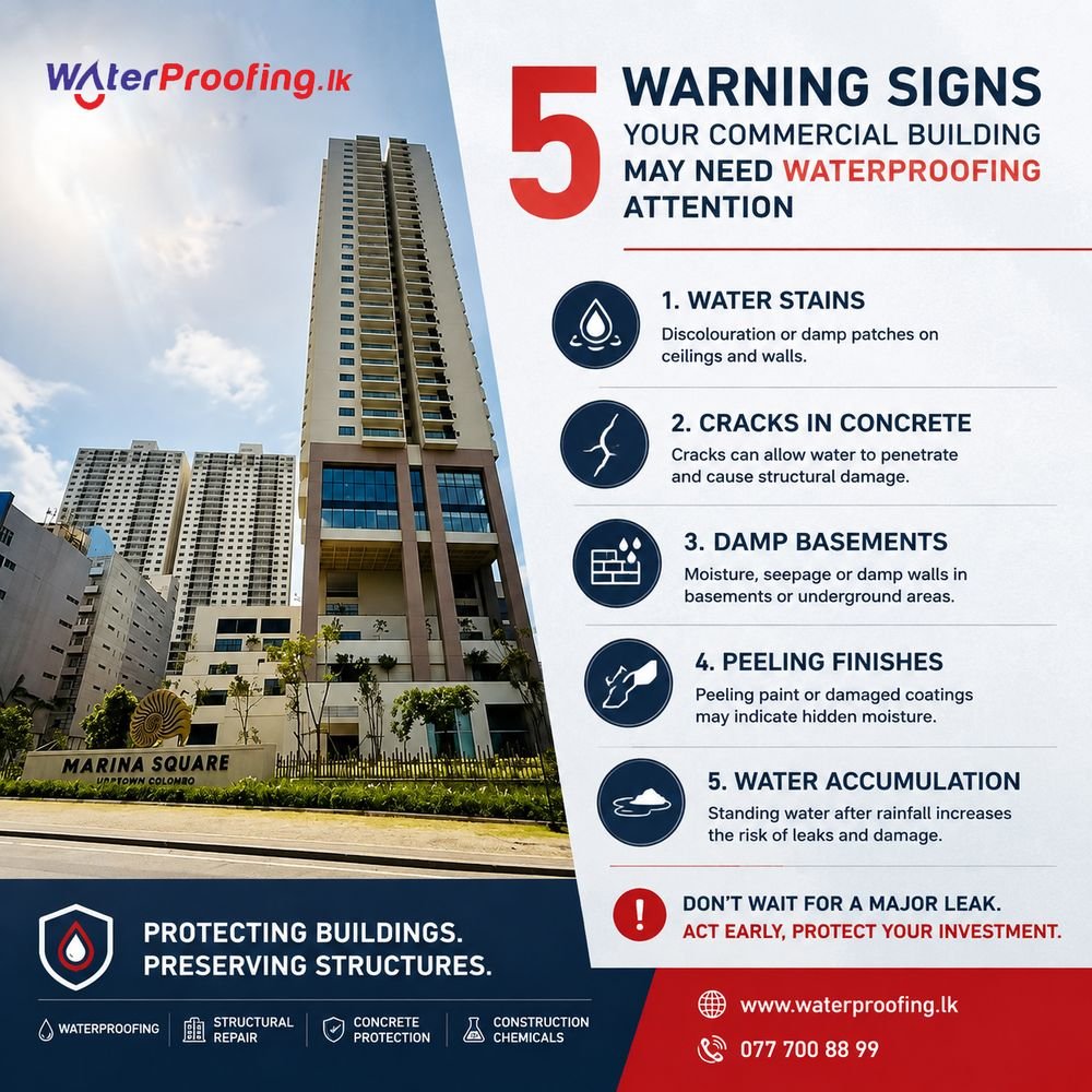 5 warning signs commercial building needs waterproofing Sri Lanka Marina Square WaterProofing.lk